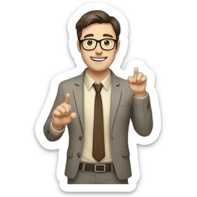 To belt Actively gesturing with hands Okay Pale skinned fit man with dark brown hair in gray jacket, beige office shirt, brown tie, brown pants and vintage glasses. sticker
