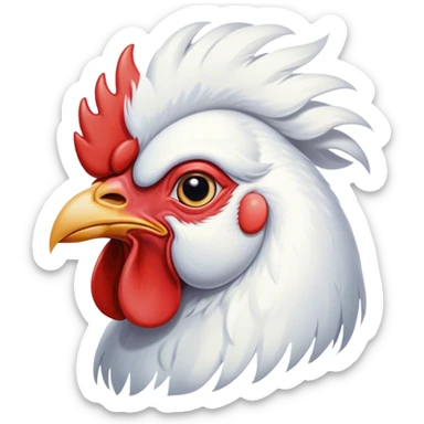 Cinematic Noble White Rooster Portrait Emoji, Poised and regal, with a robust, commanding build and a pristine, well-groomed pure white plumage, deep-set soulful piercing eyes, Simplified yet sharp and sophisticated features, highly detailed, glowing with a soft, dignified glow, high shine, intelligent and proud, stylized with an air of barnyard majesty, focused and attentive, soft glowing outline, capturing the essence of a watchful and confident leader, so majestic it feels as though it could crow out of the screen with effortless authority! sticker