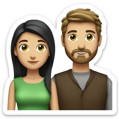 Create a emoji of a couple. The boyfriend has straight brown hair, a beard and green eyes. The girlfriend has long black hair and brown eyes sticker
