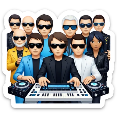 Icon for Electronic Music: Jean-Michel Jarre, Moby, DJ Tiesto, and Jorn van Deynhoven performing with synthesizers, turntables, and futuristic lighting effects. The design should evoke the vibrant and immersive atmosphere of electronic music festivals. Transparent background. sticker