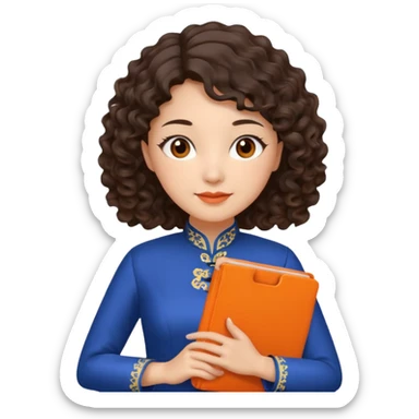 Teacher emoji but : curly/wavy dark brown hair, light skin, no glasses, dark eyes, with a computer folder in the hand (color is orange), being a teacher, wearing a chinese qipao ( dark blue)

 sticker