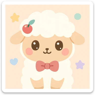 kawaii sheep with soft warm beige body, creamy white wool, cherry pink blush, cocoa eyes with sparkles, cherry red hair clip with green leaf, dusty pink bow tie sticker