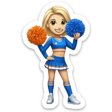 Caucasian Cheerleader with orange and blue Pom poms  in her hand and a “K1” on Uniform sticker