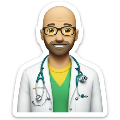 bald man with scruff, and blue eyes, and bright yellow stethoscope, and green glasses sticker