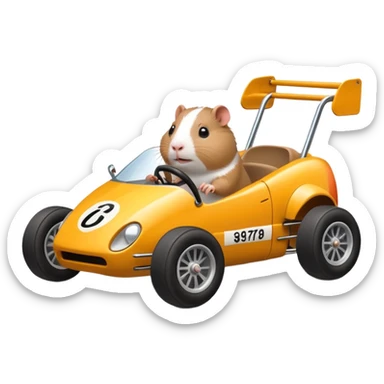 Race car whose frame and suspension is made of shopping cart material and flat panel body, being aggressively driven by a small thin Guinea pig  sticker