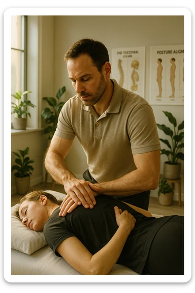 A realistic, cinematic illustration of a professional osteopath in his late 30s, wearing a fitted polo shirt in a neutral color, performing gentle manual manipulations on a patient to improve posture. The osteopath uses precise hand placement along the patient's upper back and cervical spine while the patient lies on a comfortable treatment table in a bright, modern clinic. Anatomical posters showing the spine and posture alignment are on the wall, and the room has warm, natural lighting with plants for a calming atmosphere. The scene emphasizes hands-on osteopathic care to restore body alignment, spinal mobility, and posture, showcasing trust, professionalism, and holistic care sticker