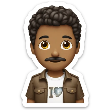 boy with medium length dark brown hair and moustache wearing a i love new york shirt, brown pants and cross body bag light brown skin sticker