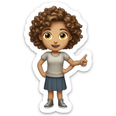 a girl with curly brown hair with pointing finger sticker