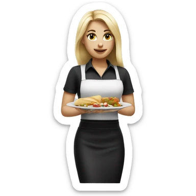 blonde waitress with straight hair wearing black polo and holding a plate of food sticker