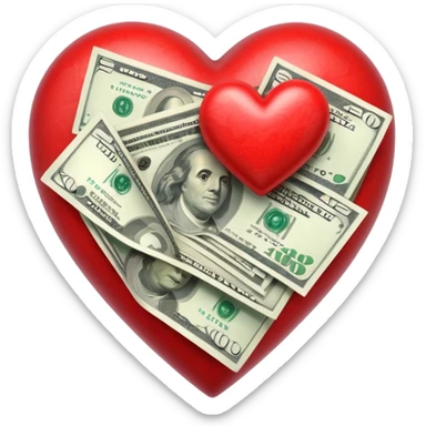 "Realistic HD red heart fused with money, cash integrated into the heart, glossy texture, clean white background." sticker