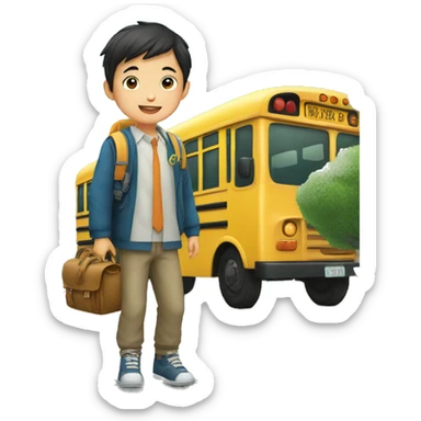 asian Boy going to school in bus sticker