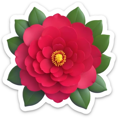 Detailed camellia bloom with formal double form, perfect spiral arrangement of overlapping deep red petals and characteristic glossy oval leaves with fine serrated edges sticker