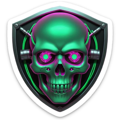 Cyberpunk shield, skull with cybernetic implants, glowing wires, dark electric pink and grenn, black tones, no background sticker