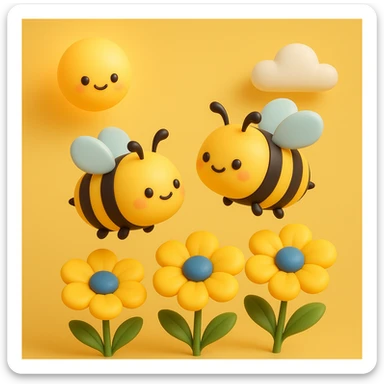 Two bees flying over yellow flowers with a yellow background and a sun in the top left corner. The bees are black and yellow, and the flowers are yellow with blue centers. The background is plain and yellow with white clouds. Make it look exactly like the reference image, but in the kawaii 3D iOS model. sticker