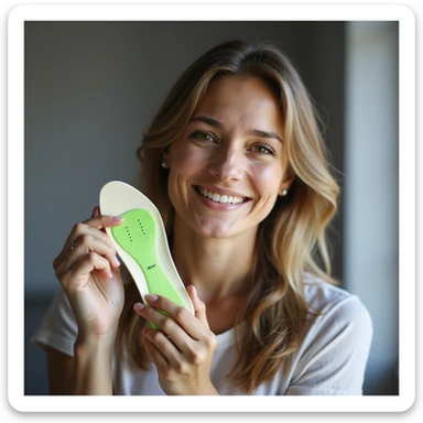 realistic style woman showing orthopedic insole in hand and pointing to foot smiling, foot with bright green effect, positive environment sticker