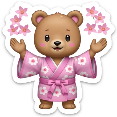 A cute light-brown bear wearing a pastel pink sakura-patterned kimono, normal balanced body ratio.  
Clapping hands cheerfully with a big bright smile and small spark effects around.  
Kawaii emoji style, minimalistic clean sticker illustration, white background.
 sticker