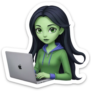 lady alien with only gaming laptop. negative : headphones. sticker