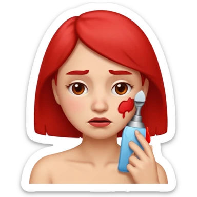 woman emoji with frown, red irritated skin on face and neck, one hand on cheek, clearly suffering from shaving burn sticker
