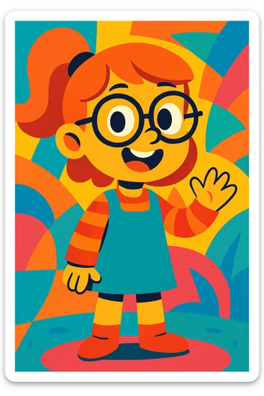 girl with glasses, vibrant cartoon style sticker