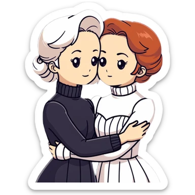 Two Victorian women with light eyes, one with bright white coiffed hair and one with dark copper coiffed hair, wearing Victorian turtleneck dresses, embracing each other in a sad, intimate hug sticker
