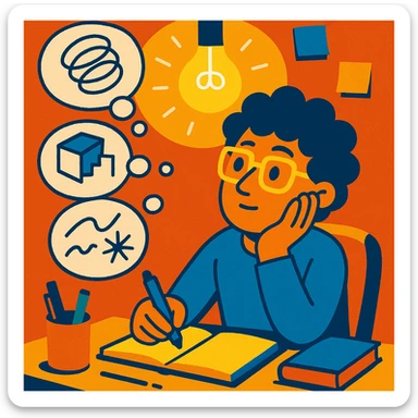 creative thinker in a cozy workspace, thought bubbles filled with abstract ideas and sketches, illuminated by a bright light bulb, surrounded by pens, sticky notes, and books, bright style, 4:5 aspect ratio sticker