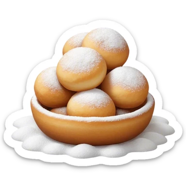 Cinematic Realistic Fritule Dessert Emoji, featuring small, fluffy dough balls dusted with powdered sugar rendered with delicate textures and warm, inviting lighting. sticker