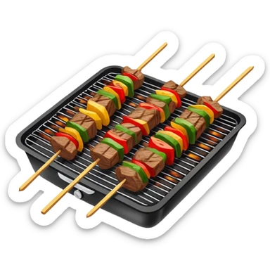 Skewered lamb kebabs with spices on grill, simplified emoji style with bold outlines and bright colors, cartoon style Chinese street food Yangrou Chuan sticker