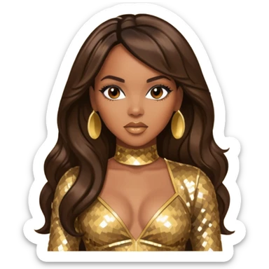 LeToya Luckett from Destiny's Child with dark brown long hair, gold outfit sticker