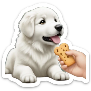 Great pyrenees puppy posing on the side looking at a hand with a treat sticker