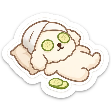 Transform the image into a WhatsApp sticker by removing the background, leaving only the relaxed dog with cucumber slices on its eyes, and adding a white border around it for a sticker effect. sticker