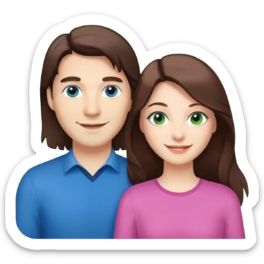 “A pink Polaroid-style photo of a couple: a white woman with long brunette hair and blue eyes, and a white man with short brunette hair and green eyes.” sticker