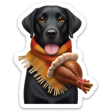 Black Labrador with a fall scarf and a turkey leg in his mouth sticker
