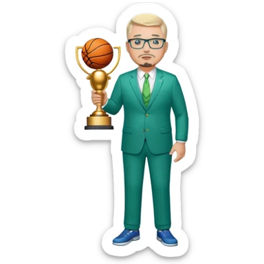Full Body white fat male  wearing glasses with a goatee with light blonde gray very short hair basketball head Coach in blue and green suit holding trophy sticker