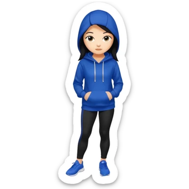 A pretty white/asian tanned girl with medium long strait dark brown almost black hair wearing a royal blue hoodie and black leggings pretty tan sticker