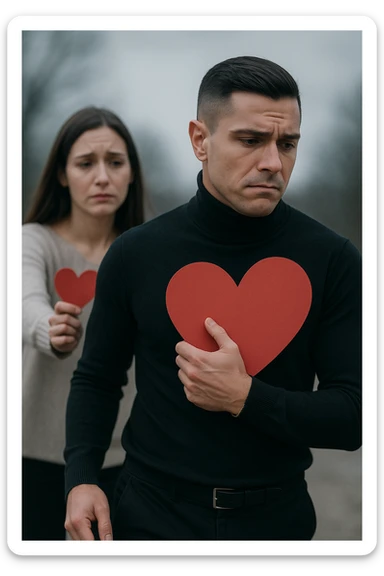 un uomo italiano in abiti casual si allontana da una donna che cerca di abbracciarlo. Lui stringe al petto un grande cuore rosso, mentre lei ne tiene uno più piccolo; entrambi hanno espressioni tristi, e la distanza emotiva è sottolineata da uno sfondo sfocato e freddo. sticker