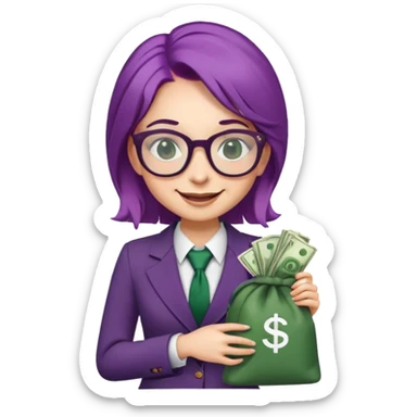 girl with purple hair and dark green suit. she is wearing glasses and hold bag of money. she smiles and whinks  sticker
