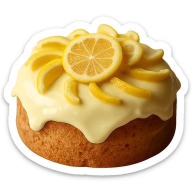 Remove the background, keep only the realistic round cake with lemon frosting and candied lemon slices, photorealistic style, transparent background. sticker