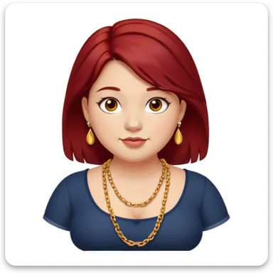 Chubby girl, shoulder length dark red hair, brown eyes, dimples, gold earrings, and necklaces sticker