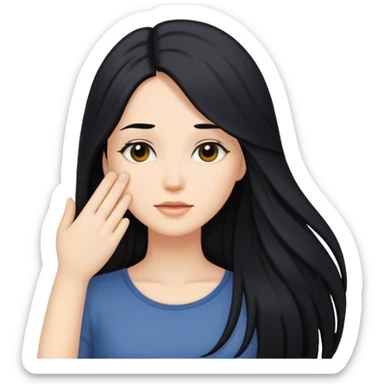 Woman with long black hair, touching hair sticker