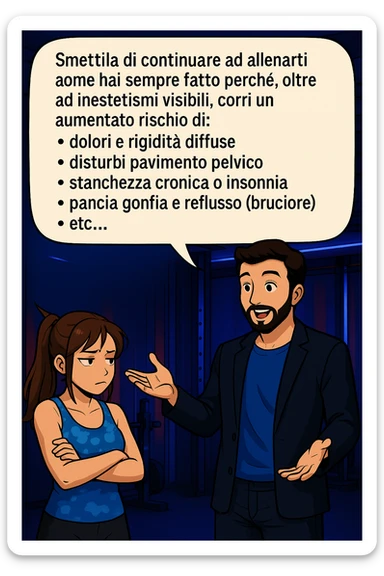 TRASFORMA QUESTO CAROSELLO IN UN FUMETTO STILE MANGA A COLORI CON QUESTE DUE PERSONE IDENTICHE CHE INTERLOQUISCONO TRA LORO:

LUI (UOMO): Smettila di continuare ad allenarti come hai sempre fatto perché, oltre ad inestetismi visibili, corri un aumentato rischio di:
    • dolori e rigidità diffuse
    • disturbi pavimento pelvico
    • stanchezza cronica o insonnia
    • pancia gonfia e reflusso (bruciore)
    • etc… sticker