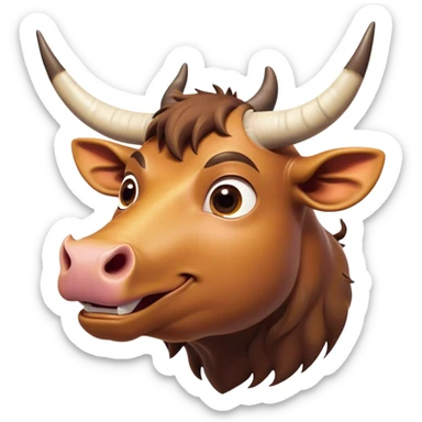 Cinematic Comical Domestic Ox Portrait Emoji, Head tilted dramatically with an exaggeratedly amused expression, featuring a striking, glossy hide with boldly curved horns and wide, expressive eyes brimming with playful disbelief, Simplified yet hilariously expressive features, highly detailed, glowing with a slightly sassy earthy glow, high shine, dramatic yet playful, stylized with an air of cheeky rural mischief, soft glowing outline, capturing the essence of a spirited and over-the-top ox that looks ready to charge its way into internet fame instantly! sticker