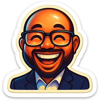 Create a funny emoji version of the person in the photo, exaggerating the smile and glasses for a playful effect. Keep the background transparent. Use a retro stickers style for the emoji. sticker