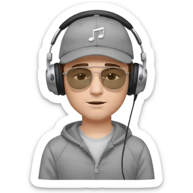 emojis.com dj-man-white-with-baseball-cap---rayban-sun-glasses-80s---brown-hair---closed-eyes-with-headphones-on-with-musical-note-over-head-(listening-to-music-)---eyes-closed-no-glasses---black-hat--musical-notes EYS c losed  grey sweatshirt sticker
