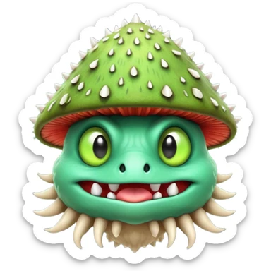 poisonous mushroom monster portrait, head and shoulders only, animal-like creature, mushroom cap head with spikes, toxic green glow, beast-like eyes, furry neck details, monstrous but cute fantasy vibe, 3D cartoon, mobile game icon style, clean background, no text, no watermark

 sticker