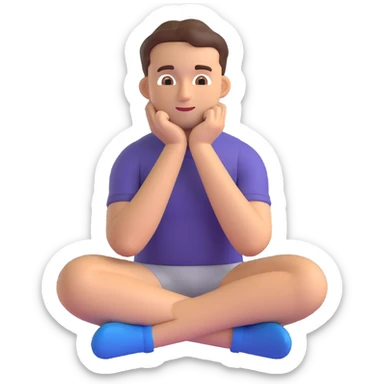 front-facing emoji-style thoughtful man, sitting with one hand under his chin, looking slightly to the side, contemplative and curious mood, neutral or serious expression, clean background sticker