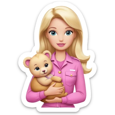 Blonde zookeeper Barbie, pink outfit, holding a cub sticker