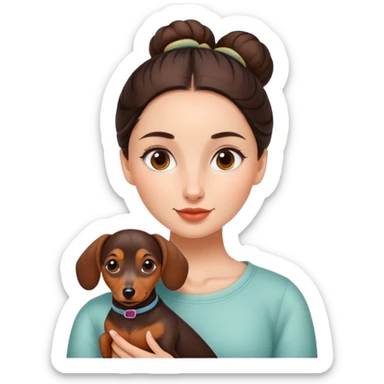 Brunette girl with bun, and a dachshund sticker