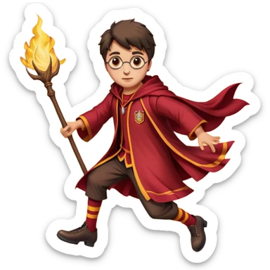 Cartoon-style illustration of Harry Potter flying on a broomstick, Gryffindor red and gold outfit, expressive face, dynamic motion, magical vibe, smooth shading, vibrant colors, no background, transparent background, isolated character. sticker