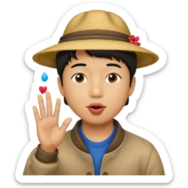 asian man in asian hat blowing a liss sticker