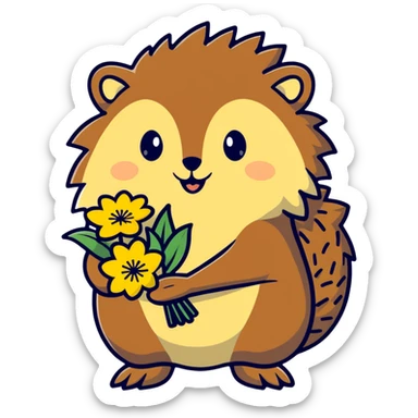 hedgehog with a bouquet of yellow dandelions sticker